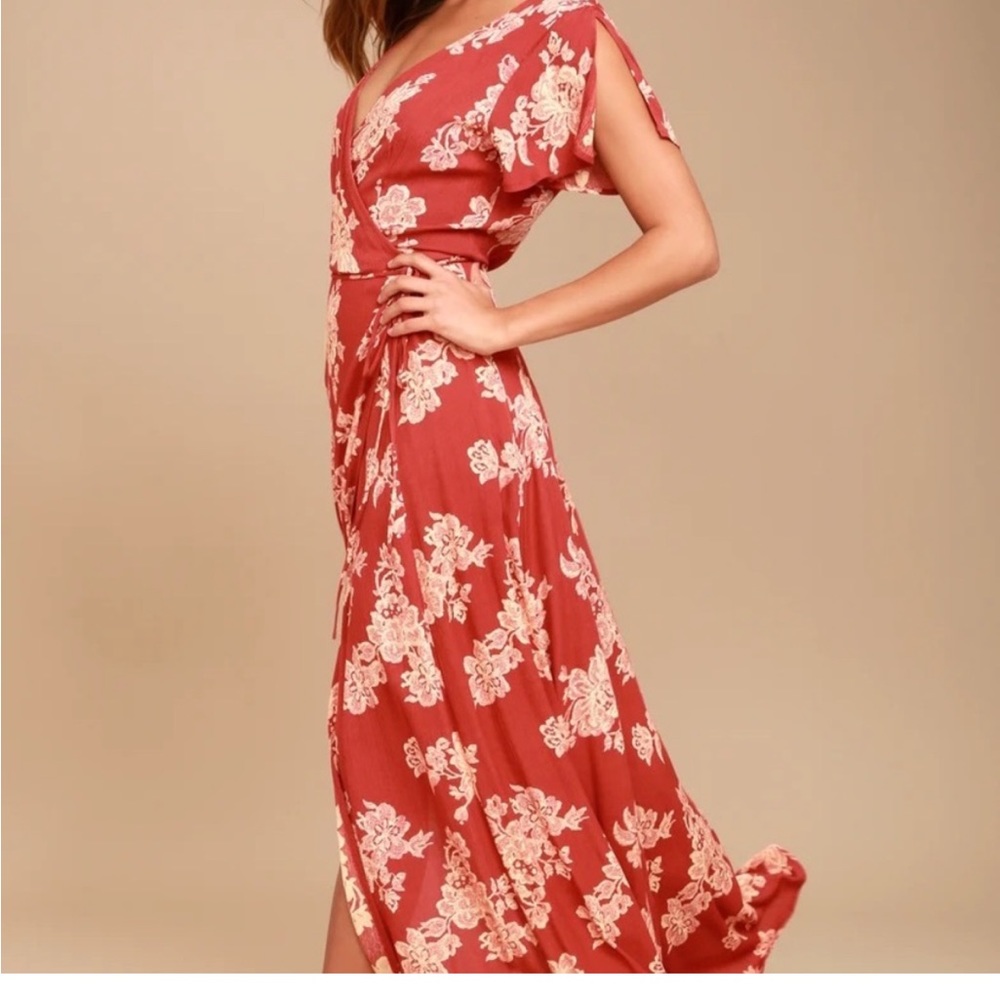 Lulu’s Heart of Marigold Black Wrap Maxi Dress- Rust Red